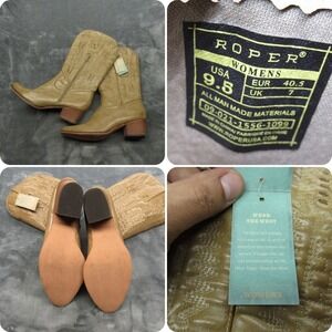 Roper Western Boots Womens 9.5 Beige Faux Leather Block Heel Side Zip Cowboy NWD